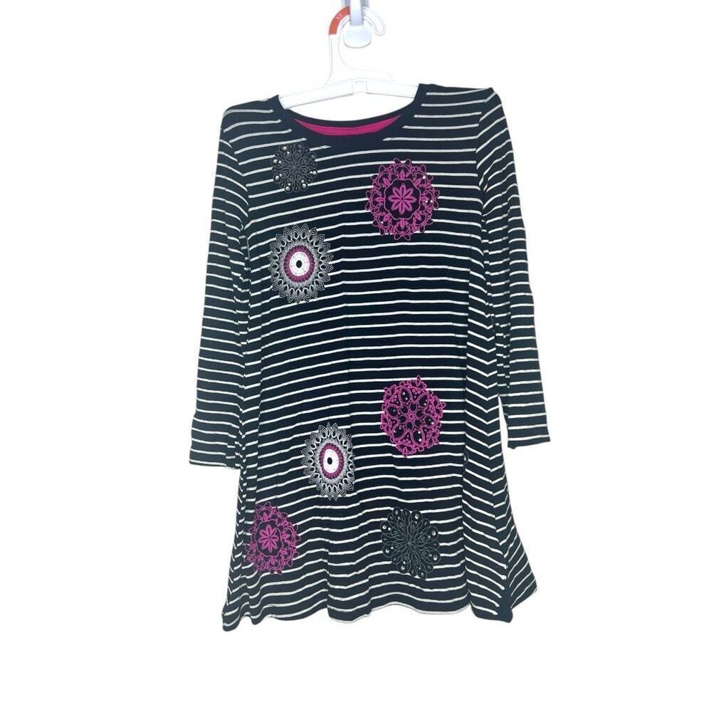 Desigual Girls Long Sleeve Striped Dress Embroidered Mandala Size 3/4 (98–104 cm
